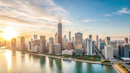 Aerial view of Chicago Downtown skyline at sunrise with sun rays, Chicago, downtown, skyline, cityscape, aerial view