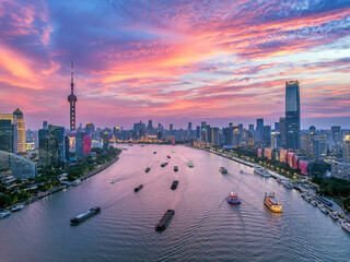 Shanghai downtown business buildings skyline and river