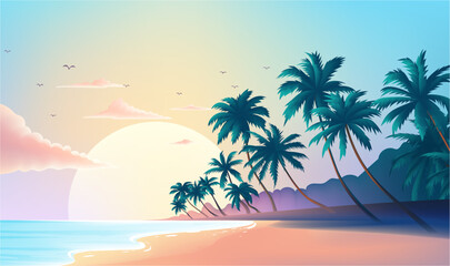 Summer horizonte illustration template Beach with palm trees