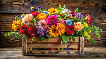 Vibrant bouquet of assorted flowers in a rustic, wooden crate, botanical, floral, arrangement, colorful, bright, vibrant