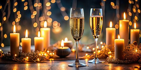 Champagne glass with burning candles on elegant table setting, celebration, luxury, elegant, decoration