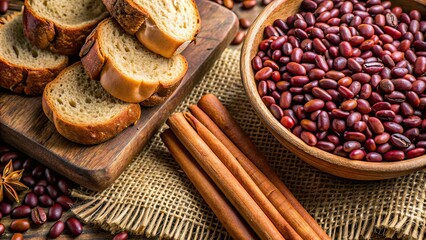 Fototapeta premium Close up of beans with cinnamon and bread, a delicious snack, beans, cinnamon, bread, snack, Mexican cuisine