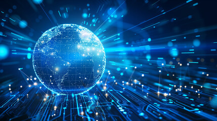 Obraz premium blue hologram globe with world map with glowing data streams, ai global communication networks, virtual reality simulations, geospatial data visualization, and interactive educational experience