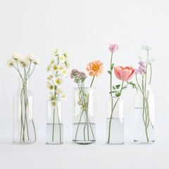 Flowers in vase with bouquet of flowers, featuring pink and yellow blooms, green leaves, and purple buds, isolated in glass decoration