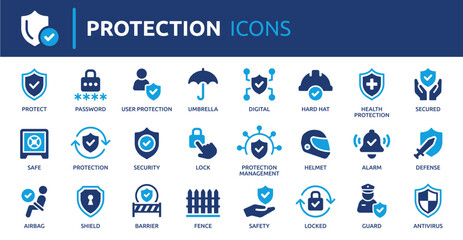 Protection icon set. Containing safe, shield, lock, security, alarm, umbrella, guard, fence and more. Solid vector icons collection. 