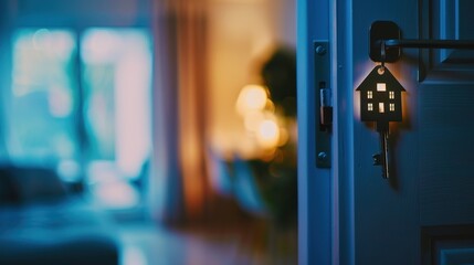 House key, house-shaped key chain on the door key