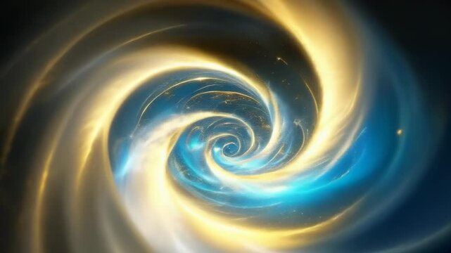A mesmerizing vortex of swirling lights in golden and blue hues with glittering particles, creating a hypnotic and dynamic visual effect. The spiral pattern gives a sense of infinite energy and