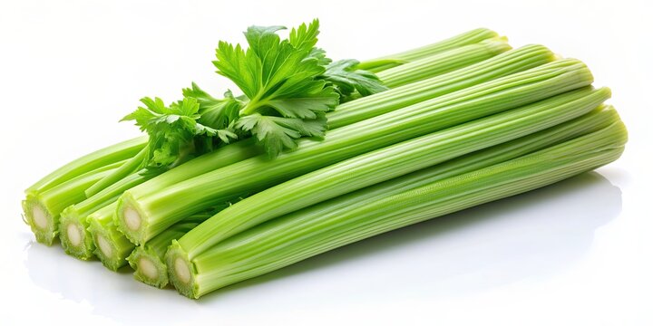 Fresh green celery stalks on a white background, celery, vegetable, green, fresh, healthy, organic, food, diet, raw
