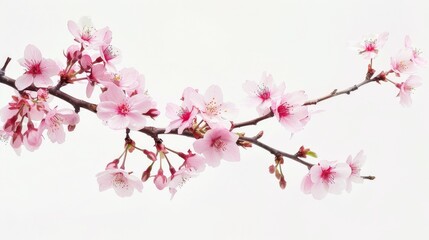 Stunning isolated Sakura branch with pink cherry blossoms against a pure white background.