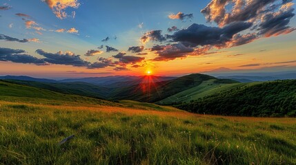 Stunning mountain sunset, HDR image capturing the beauty of nature with vivid colors.