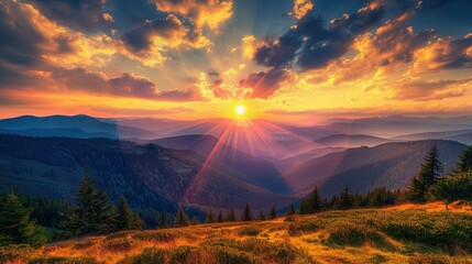 Obraz premium Stunning mountain sunset, HDR image showcasing the beauty of nature with vibrant hues.