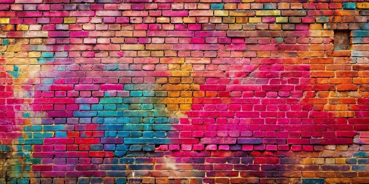 Fototapeta Colorful graffiti with pink tones on a weathered brick wall , urban, street art, vibrant, abstract, spray paint, artistic