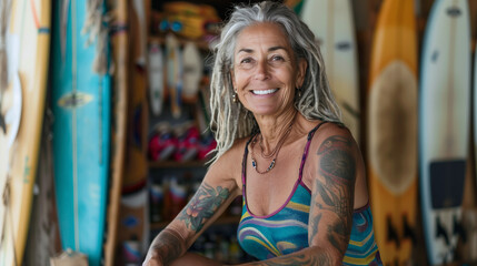 Portrait of senior woman with dreadlocks sitting outside of surfboard rental shop