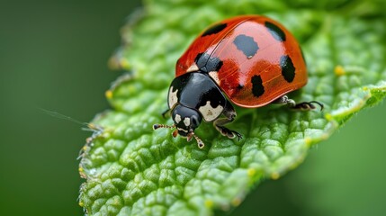 Fototapeta premium Small red-orange ladybug on a green leaf