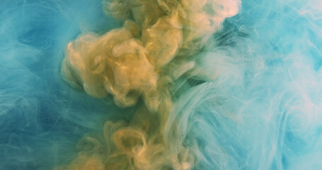 Smoke glitter. Shiny fog cloud. Smog ink paint. Fantasy golden yellow azure vapor shimmering mist creative abstract mystical art background.