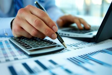 Professional businessman using a laptop and calculator to perform financial analysis and calculation in an office setting