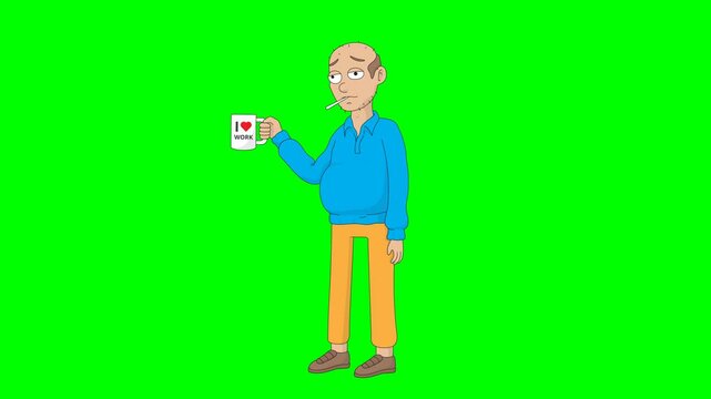 motion graphic animation of a man in a sweater holding a mug that says i love work, hard worker, over working, unemployed, depressed, stressed