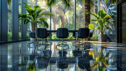 Nobody in the modern and elegant empty company office interior with black chairs and mat black metal table sitting on a shiny gray floor with tropical plants, seminar conference meeting boardroom