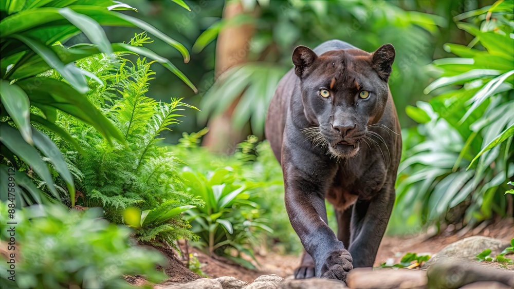 Poster Black panther prowling in lush jungle setting, black panther, jungle, wild cat, predator, stealth, nature, wildlife, powerful