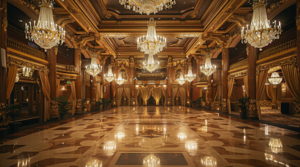 Obraz premium A grand, opulent ballroom with chandeliers, polished floors, and ornate decorations. Include elements like draped curtains, large mirrors, and a grand staircase to enhance the luxurious ambiance. 