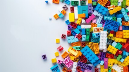 Fototapeta premium White background with white space in the center of the picture. A bunch of colorful bricks are scattered around. The colorful world of bricks: Diversity and unique charm