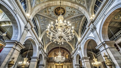 Fototapeta premium Interior ceiling of a church in Albacete with a stunning chandelier, church, Albacete, ceiling, interior