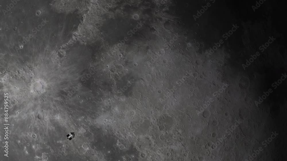 Wall mural rotating view of moon lunar surface with highly detailed impact craters with small orion space capsu