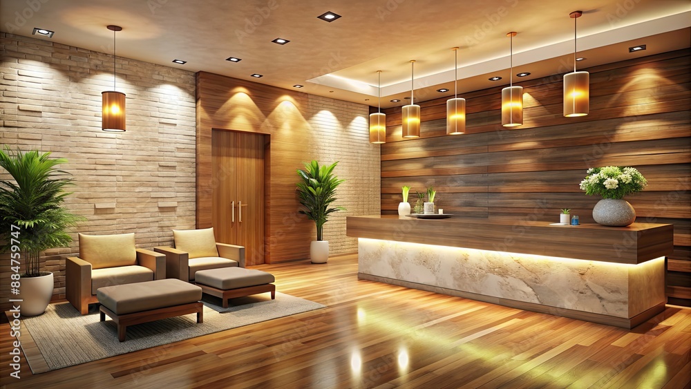 Sticker Warm and inviting reception area at a spa , spa, reception, warm colors, relaxation, calm, comfortable, luxury