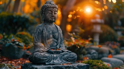 Stone Buddha statue with a breathtaking sunrise in the temple hall, evoking a sense of peace and spiritual awakening