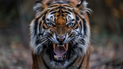 Fototapeta premium Sumatran tiger teeth stock photo, highlighting the powerful and fearsome aspect of this wild predator