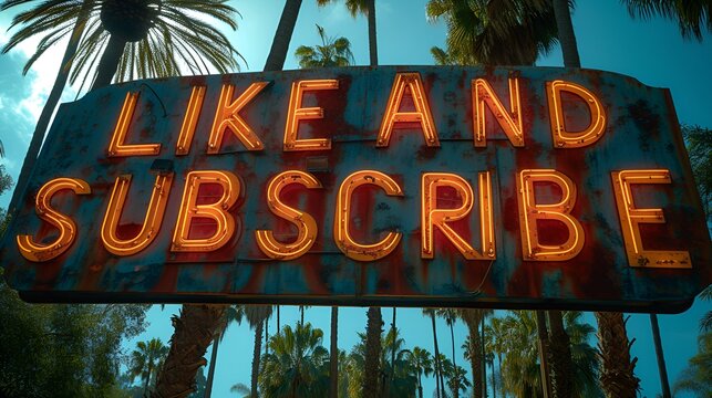 Iconic sign - billboard - low angle shot - trees - Neon lights - “LIKE AND SUBSCRIBE” - bold letters