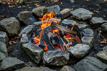 Obraz premium Vibrant campfire burns within a stone ring on a tranquil outdoor adventure