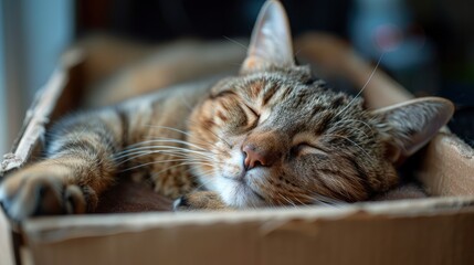 Tired cat in a cozy box, highlighting relaxation and comfort