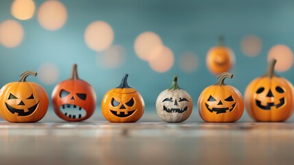 Spooky Halloween pumpkins with carved faces against a blue background.