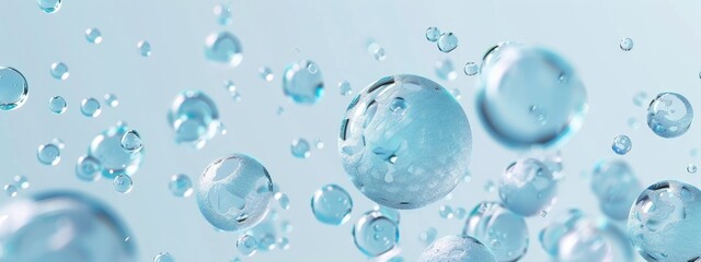 3D Collagen serum bubbles on light blue background.