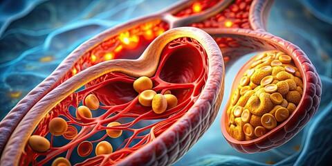 of cholesterol build-up in human heart and clogged blood vessels, Cholesterol, Heart disease, Artery,Medical