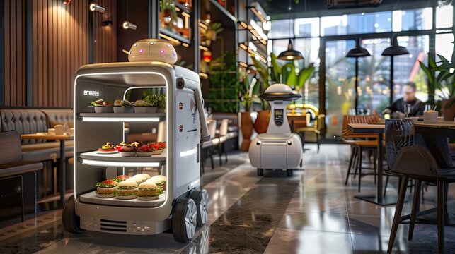 An autonomous robot in the restaurant delivers food to the tables of visitors.