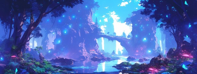 Fantasy landscape with islands floating in the air. Anime style