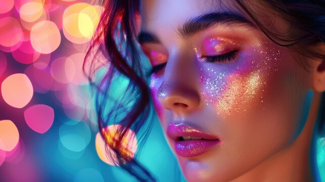 A modern beauty blogger demonstrating makeup techniques with a vibrant digital background