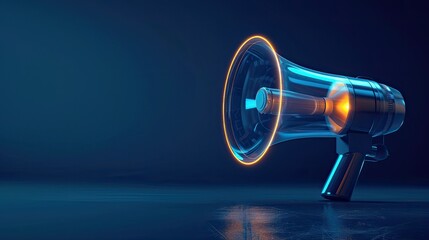 Hologram of a megaphone on the dark blue background.