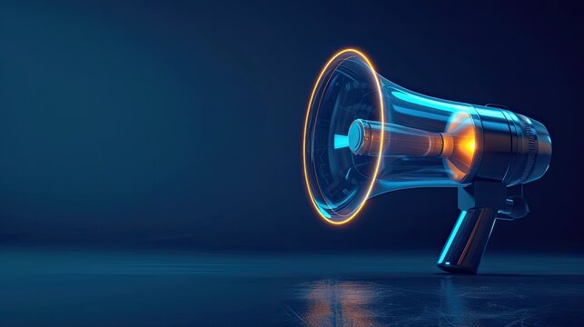 Hologram of a megaphone on the dark blue background.