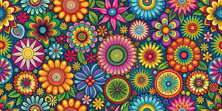 Colorful retro hippie pattern featuring vibrant flowers and geometric shapes, retro, hippie, pattern, flowers, shapes, colorful