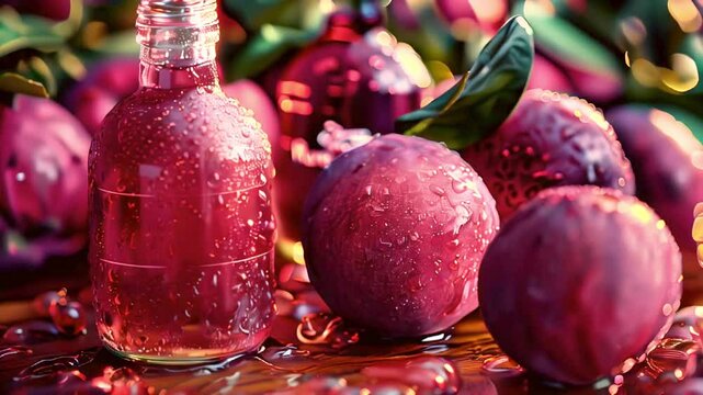 Apple pink juice in a glass bottle. Empty bottle without sticker as a mockup. Vitamin drink.