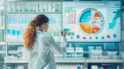 A researcher studying scientific data trends on a large pie chart in a laboratory setting.