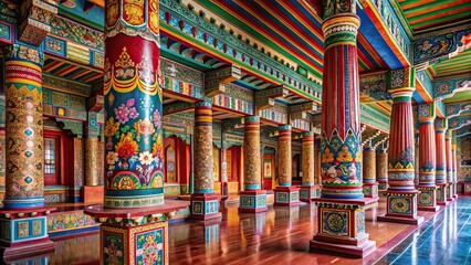 Buddhist monastery with intricately carved columns and colorful frescoes, Buddhist, monastery