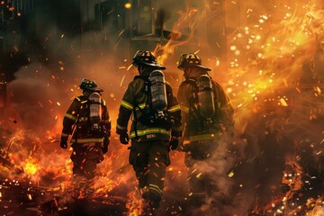 Fearless firefighters bravely combatting a dangerous inferno with their protective gear and teamwork to extinguish the hazardous blaze and rescue the public in this urban emergency crisis