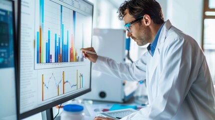 A researcher studying scientific data trends on a large bar graph chart in a laboratory.