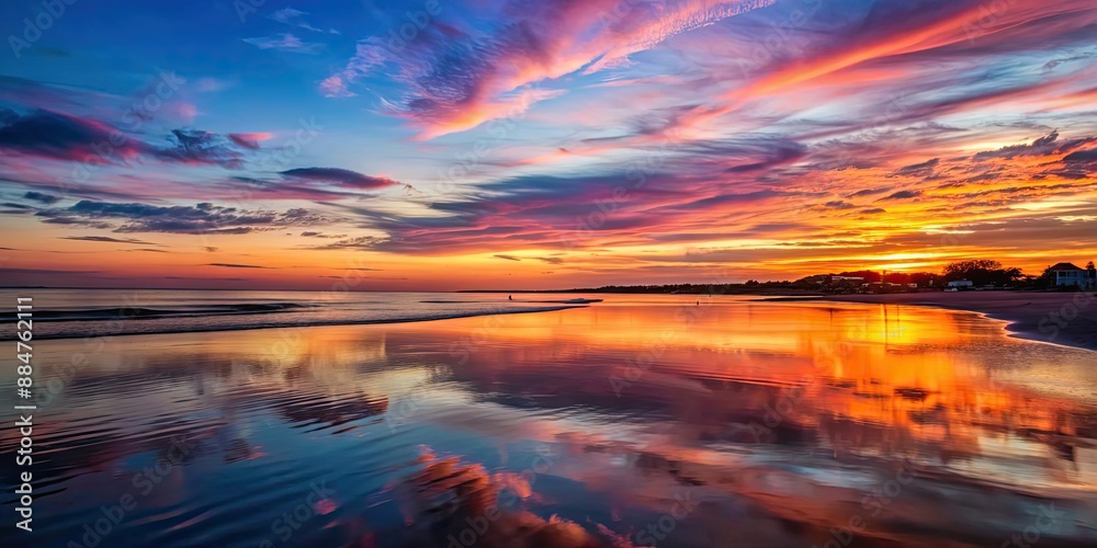 Poster Tranquil evening at the beach with colorful sunset reflection on the water, sunset, beach, ocean, waves, peaceful, calm