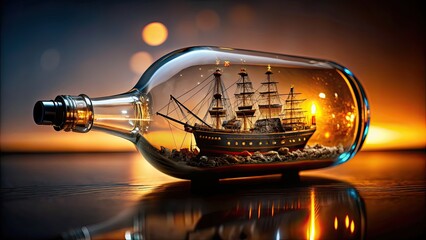 Ship in a bottle with intricate details and small size, ship, bottle, miniature, model, craft, nautical, sailing, sea, art