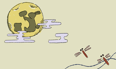 ベージュのお月見の背景イラスト、とんぼとともに。ペン画風の手描きタッチ。　月にはうさぎの影。模様付き。 © chockwhooll